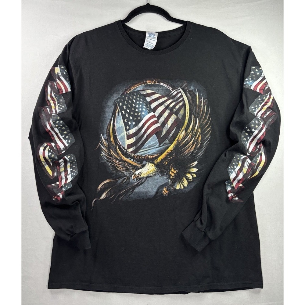 Delta Graphic Tee Mens‎ L Black Long Sleeve American Flag Eagle Patriotic USA